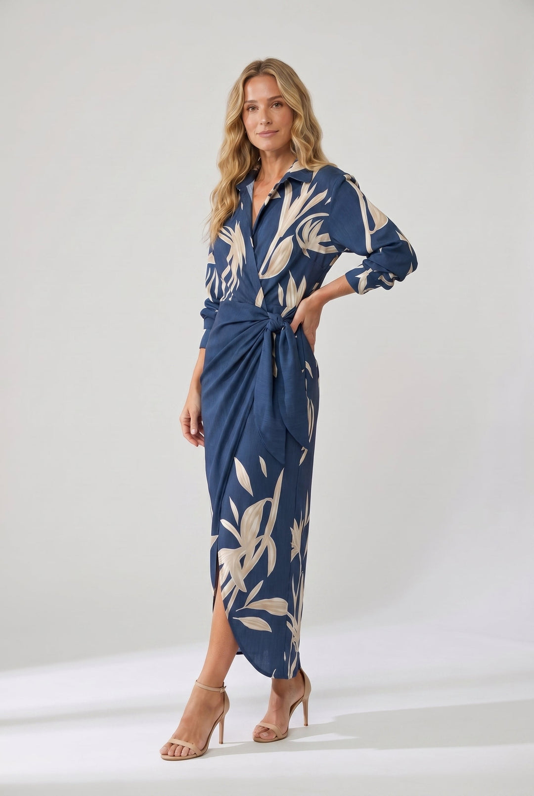 Damen langes Abendkleid im Wickel-Stil mit Blattmuster (3)