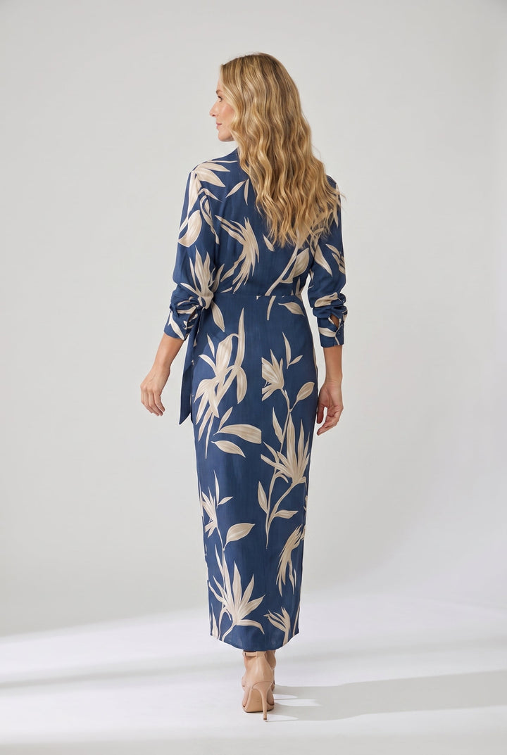 Damen langes Abendkleid im Wickel-Stil mit Blattmuster (4)