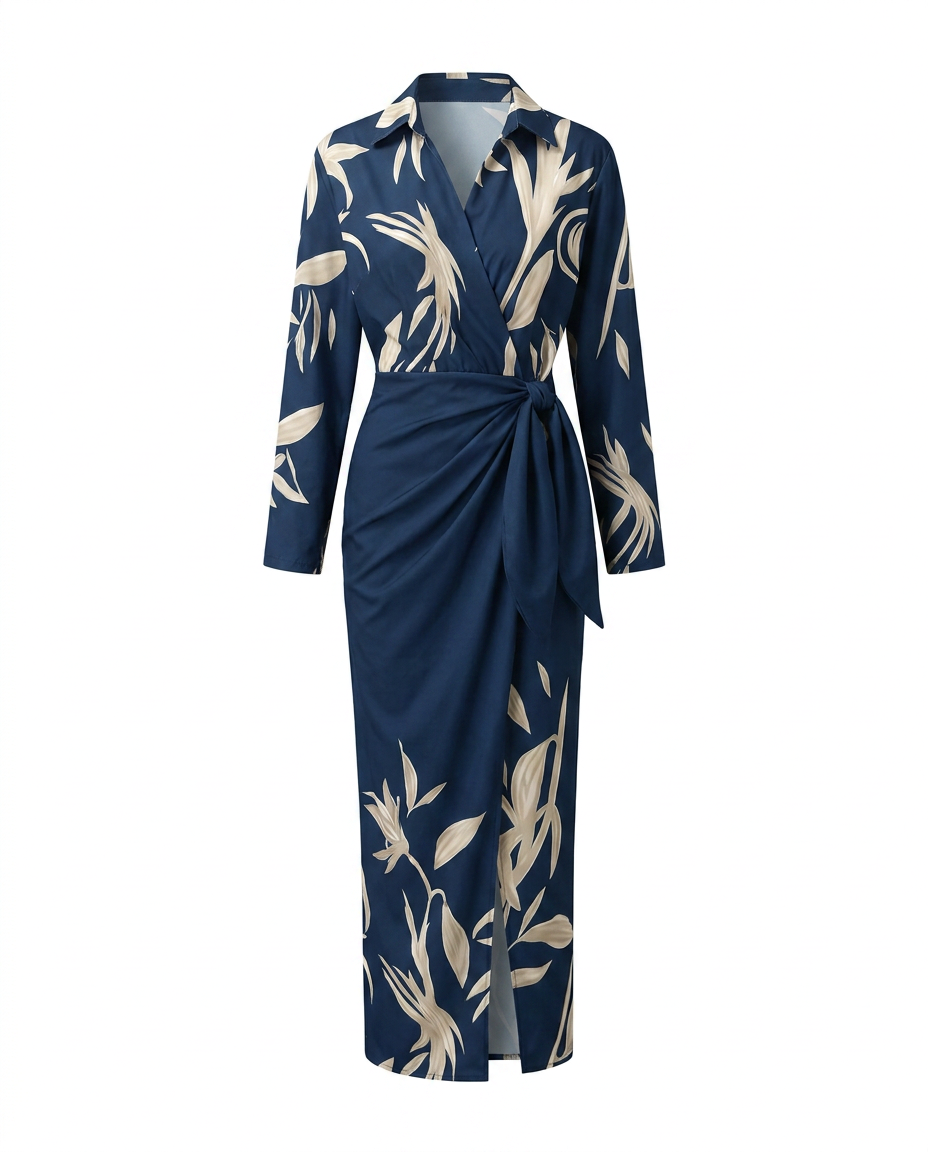 Damen langes Abendkleid im Wickel-Stil mit Blattmuster in Blau 2