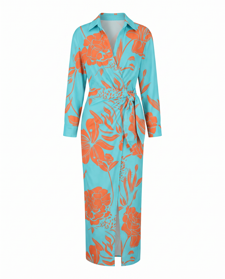 Damen langes Abendkleid im Wickel-Stil mit Blattmuster in Blau 3