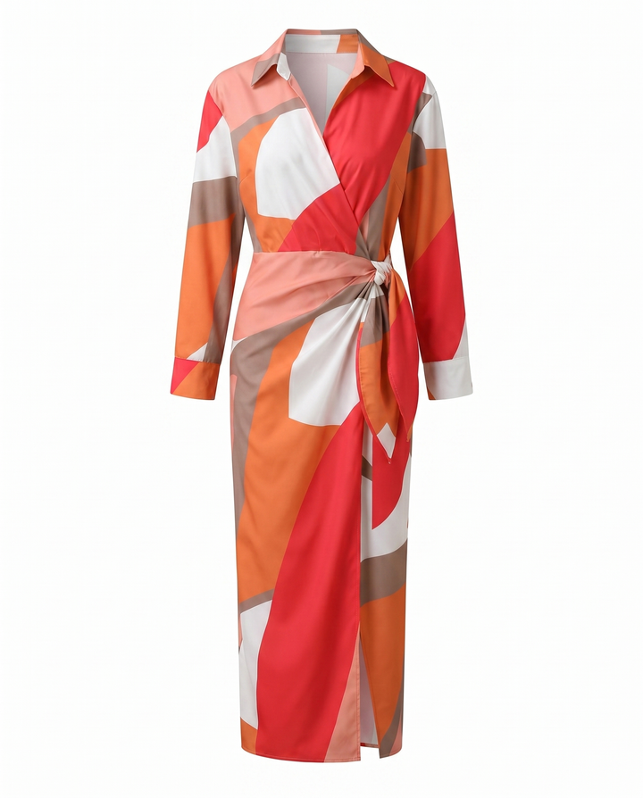 Damen langes Abendkleid im Wickel-Stil mit Blattmuster in Mehrfarbig 2