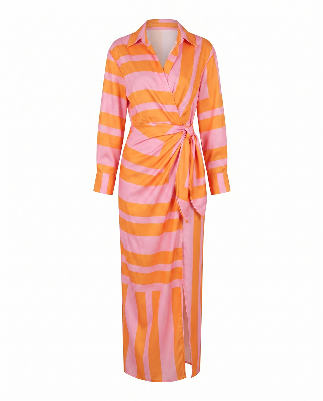 Damen langes Abendkleid im Wickel-Stil mit Blattmuster in Orange 2