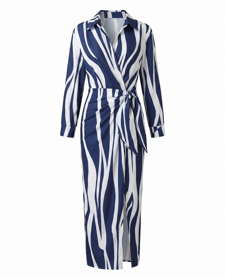 Damen langes Abendkleid im Wickel-Stil mit Blattmuster in Weiß 2