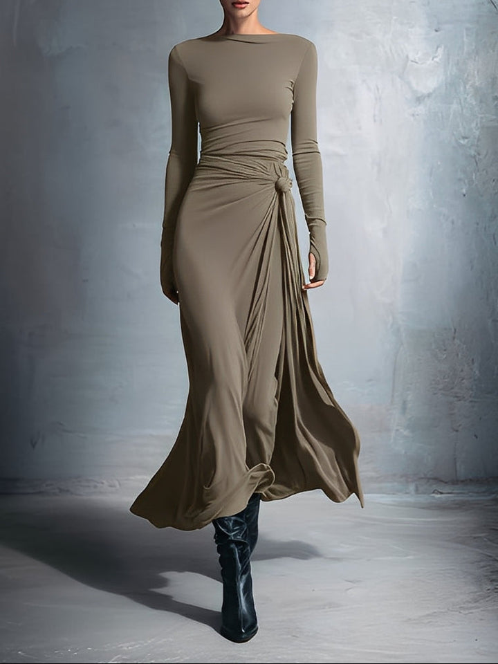 Damen langes Abendkleid im Wickelstil in Khaki
