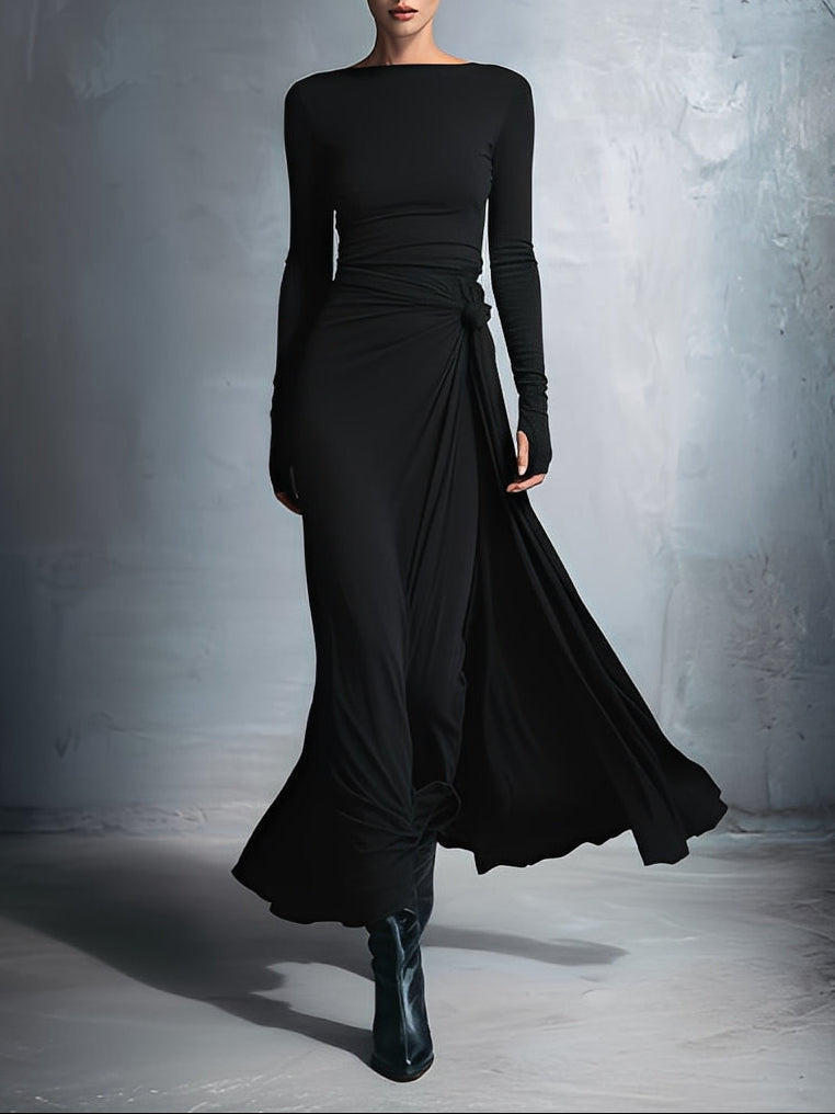 Damen langes Abendkleid im Wickelstil in Schwarz