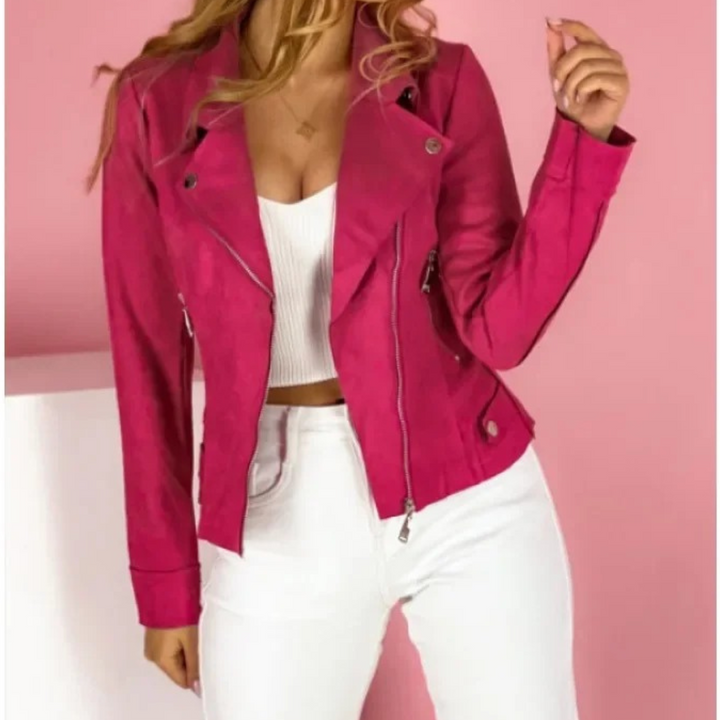 Damen Lässige Taillierte Asymmetrische Bikerjacke in Rosa