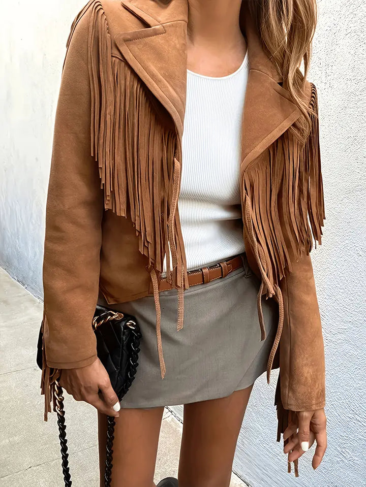 Damen Lässige Wildleder Fransenjacke in Braun
