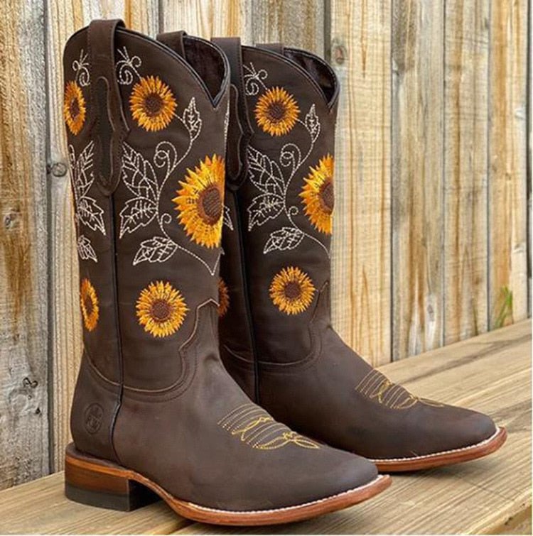 Damen Leder-Cowboystiefel mit bunten Boho-Blüten-Stickerei (2)
