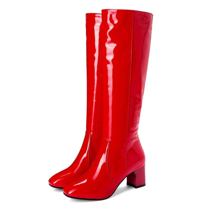 Damen Lederstiefel Glänzend Kniehohe Blockabsatz (4)