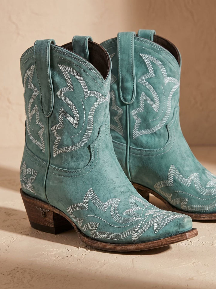 Damen Lederstiefeletten mit Blockabsatz im Western-Stil in Grün