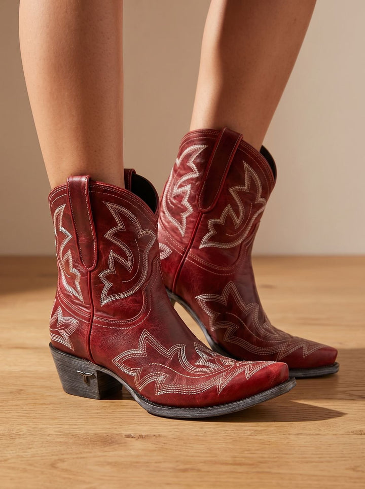Damen Lederstiefeletten mit Blockabsatz im Western-Stil in Rot