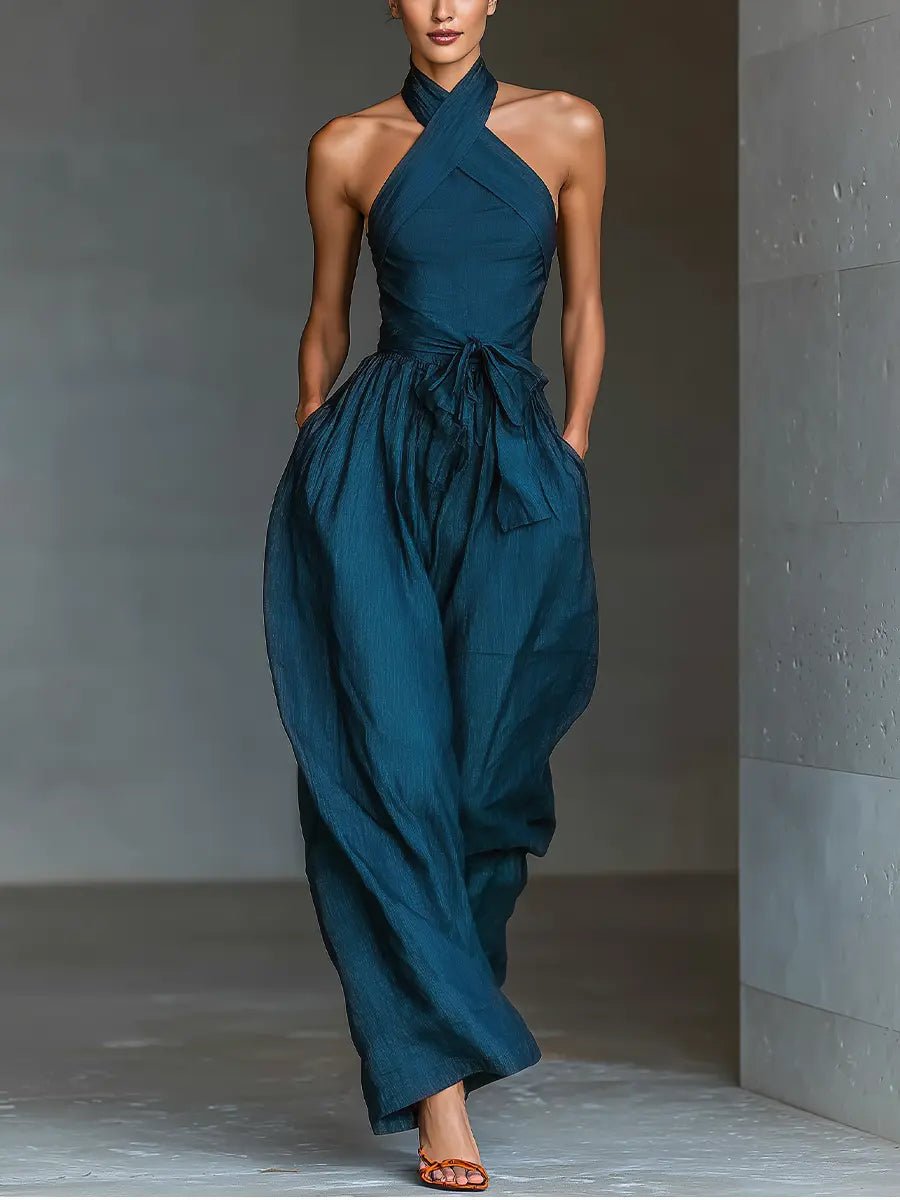 Damen Leinen Jumpsuit elegant für Hochzeitsgäste in Marineblau