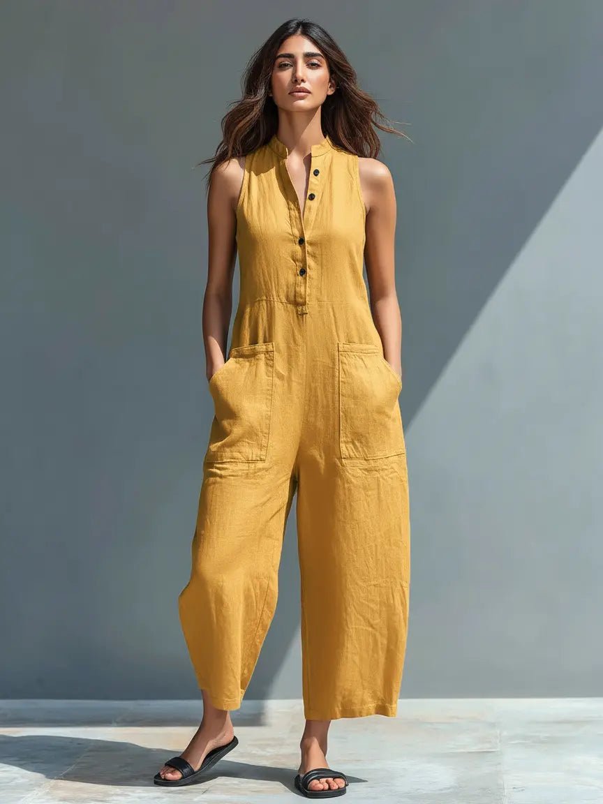 Damen Leinen-Jumpsuit für Büro und Freizeit in Gelb