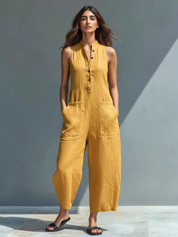Damen Leinen-Jumpsuit für Büro und Freizeit in Gelb