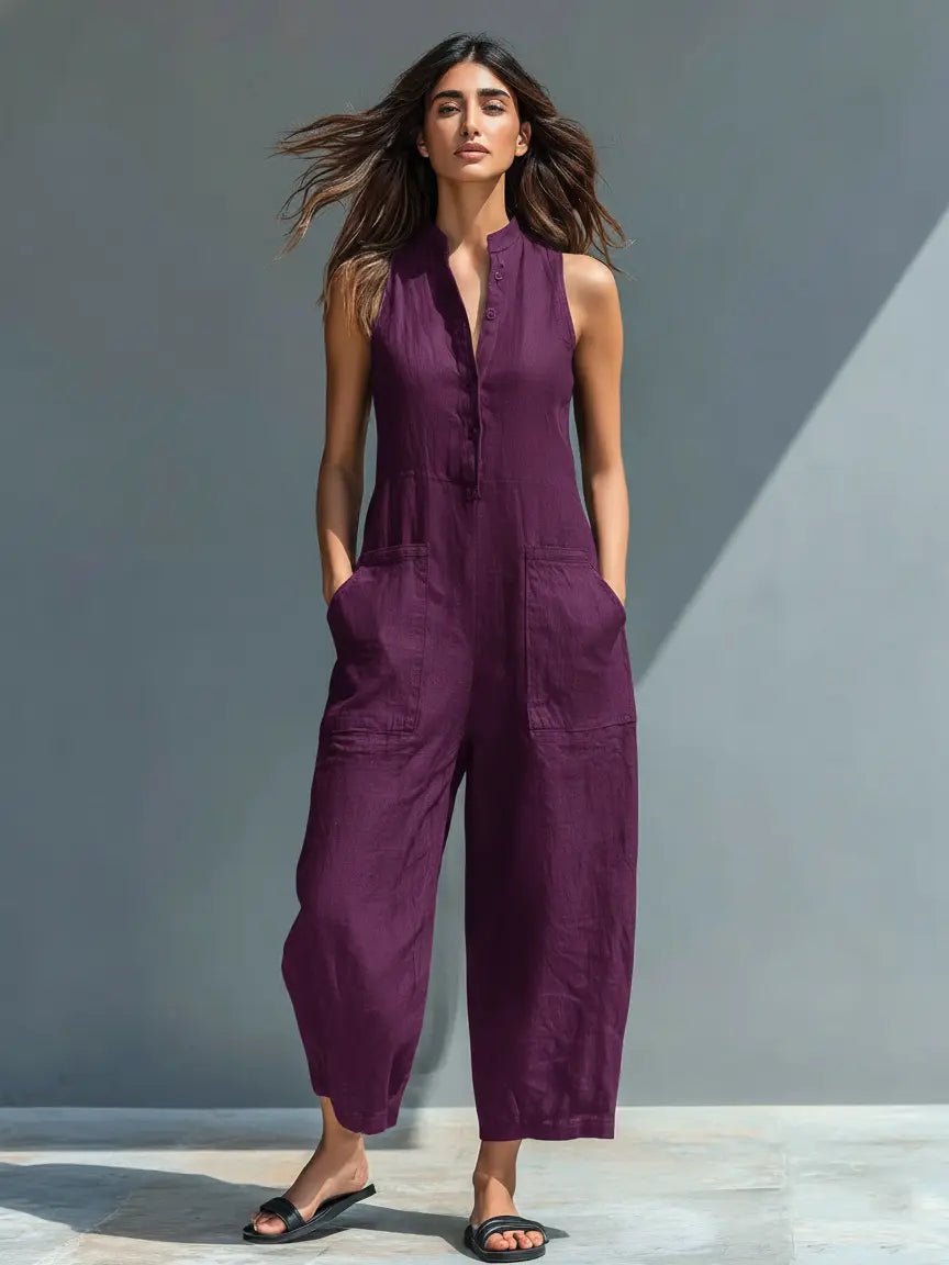 Damen Leinen-Jumpsuit für Büro und Freizeit in Lila