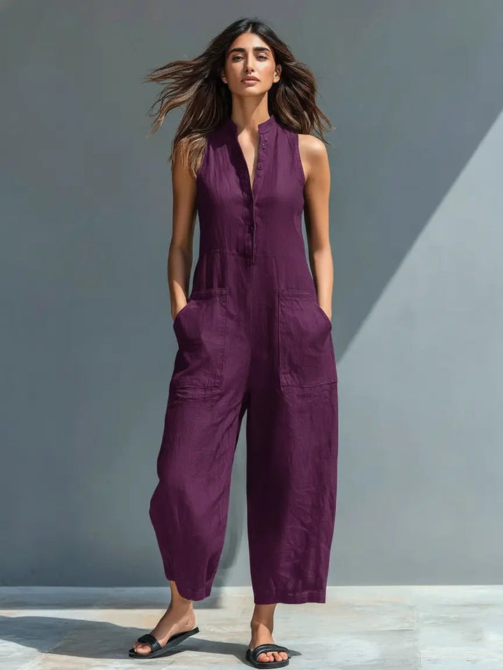Damen Leinen-Jumpsuit für Büro und Freizeit in Lila