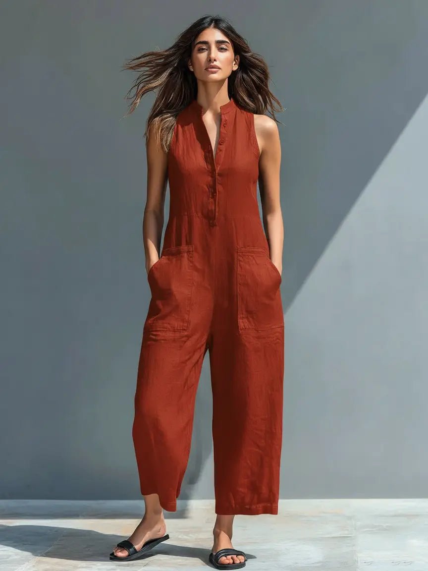 Damen Leinen-Jumpsuit für Büro und Freizeit in Rostrot