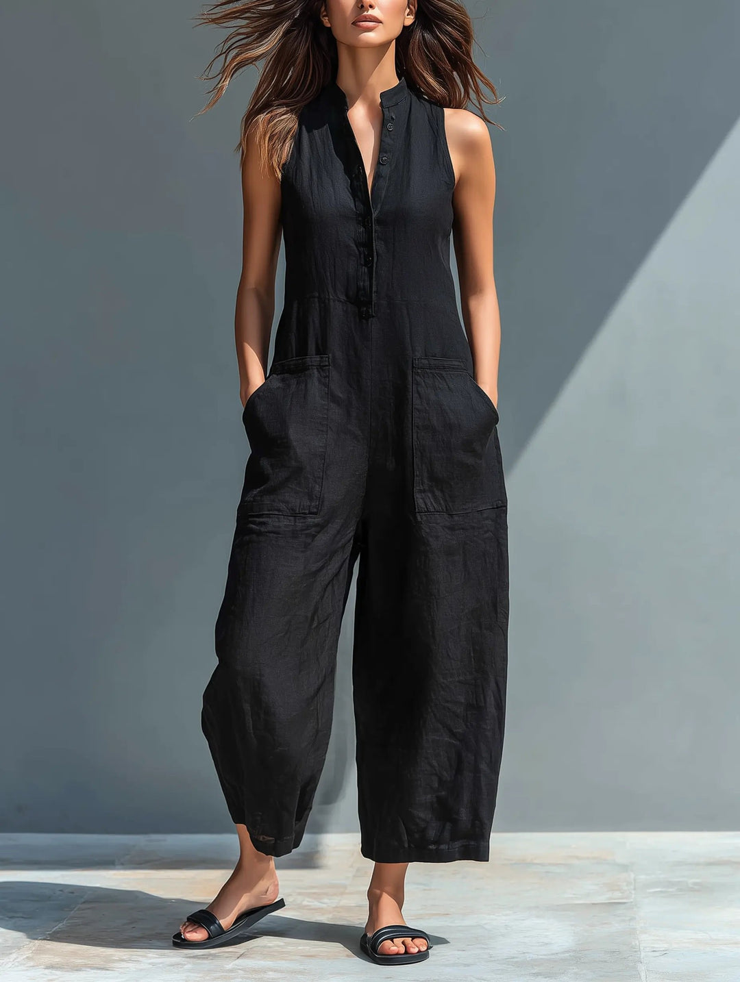 Damen Leinen-Jumpsuit für Büro und Freizeit in Schwarz