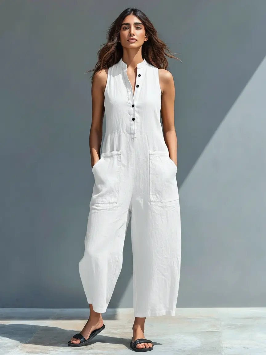 Damen Leinen-Jumpsuit für Büro und Freizeit in Weiß