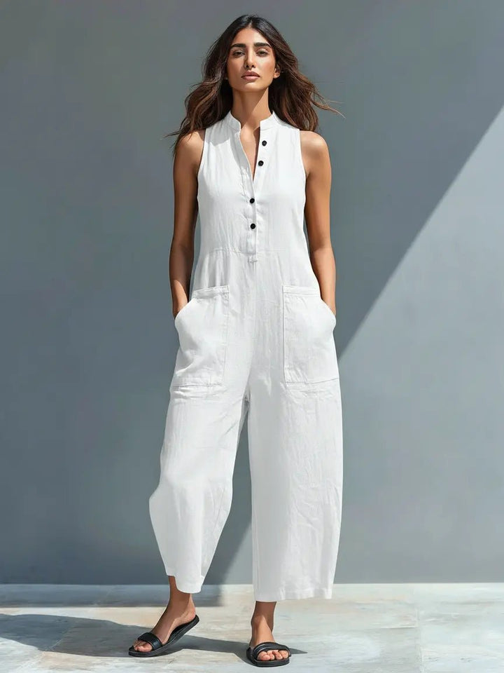 Damen Leinen-Jumpsuit für Büro und Freizeit in Weiß