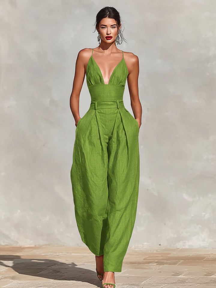 Damen Leinen Jumpsuit für elegante Anlässe in Grün