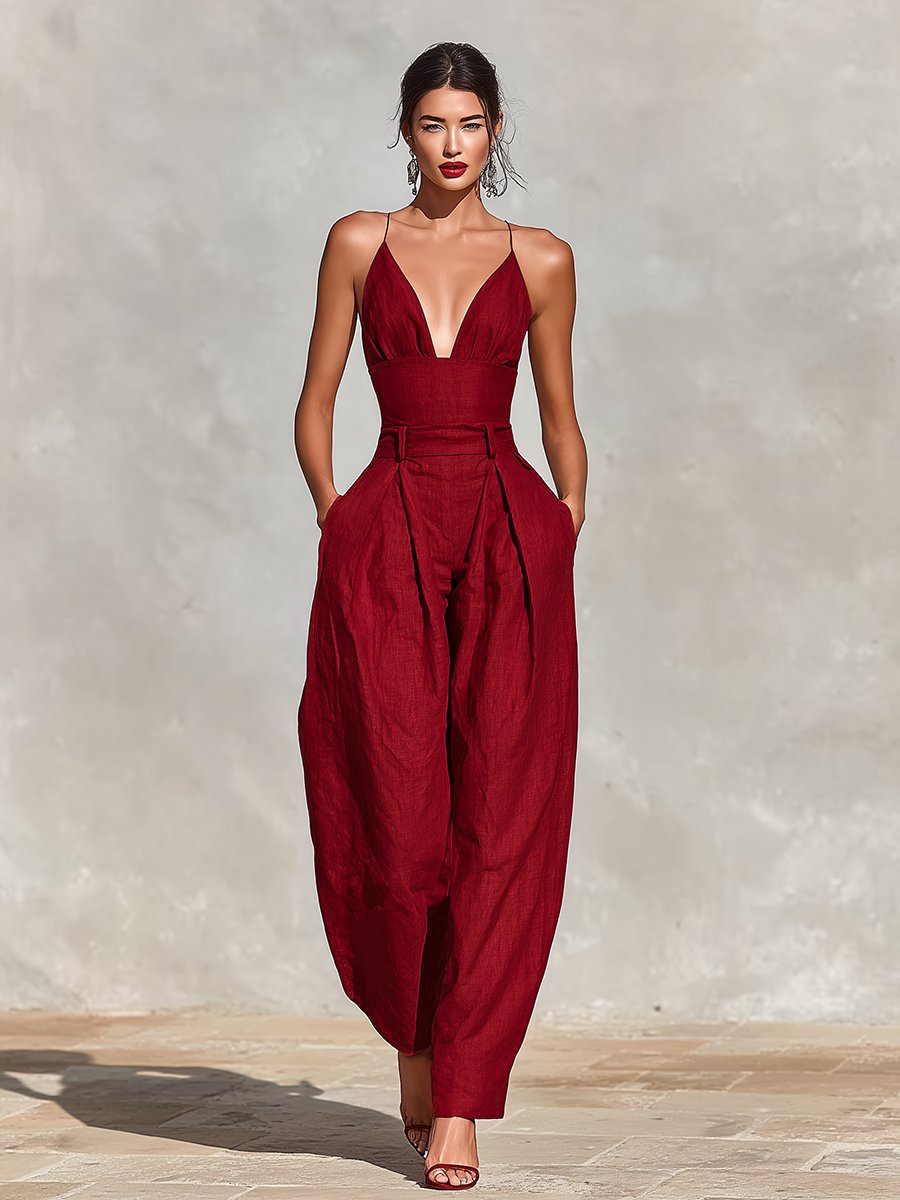 Damen Leinen Jumpsuit für elegante Anlässe in Rot 1