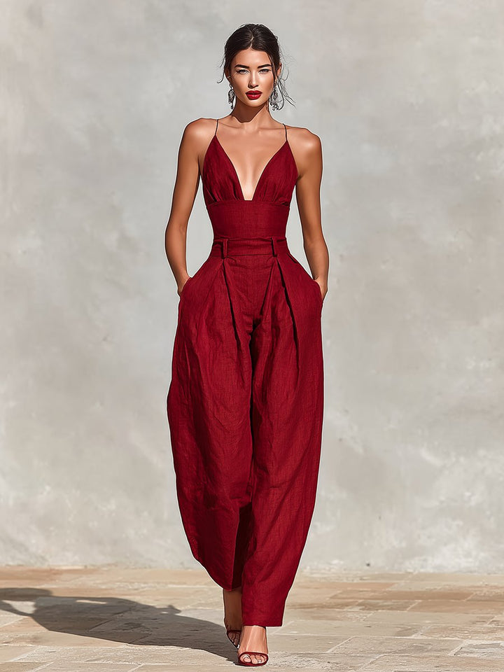 Damen Leinen Jumpsuit für elegante Anlässe in Rot 1