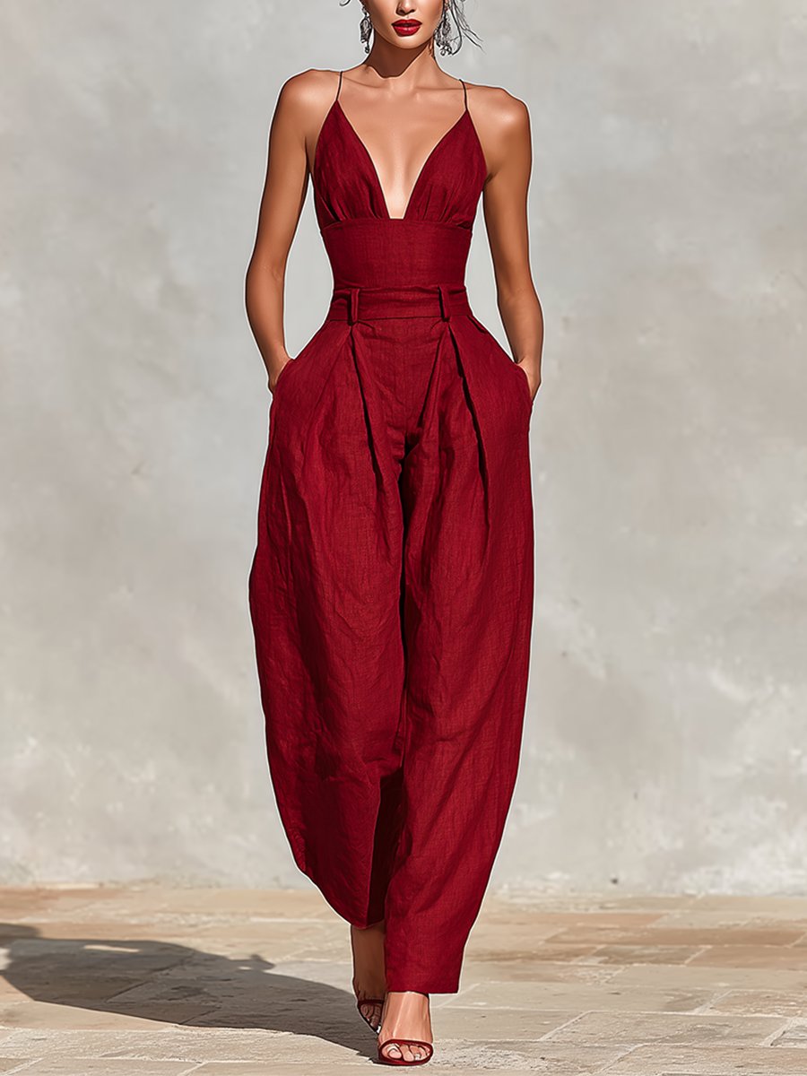 Damen Leinen Jumpsuit für elegante Anlässe in Rot 2