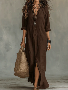 Damen Leinen Maxi Abendkleid für Sommer in Braun