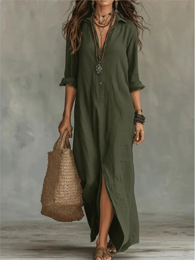 Damen Leinen Maxi Abendkleid für Sommer in Grün