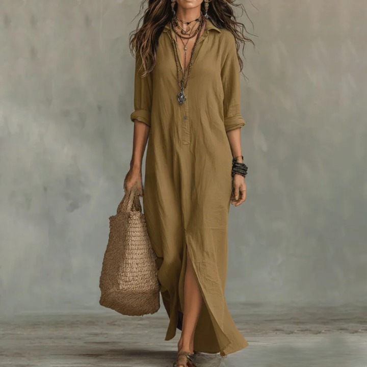 Damen Leinen Maxi Abendkleid für Sommer in Khaki