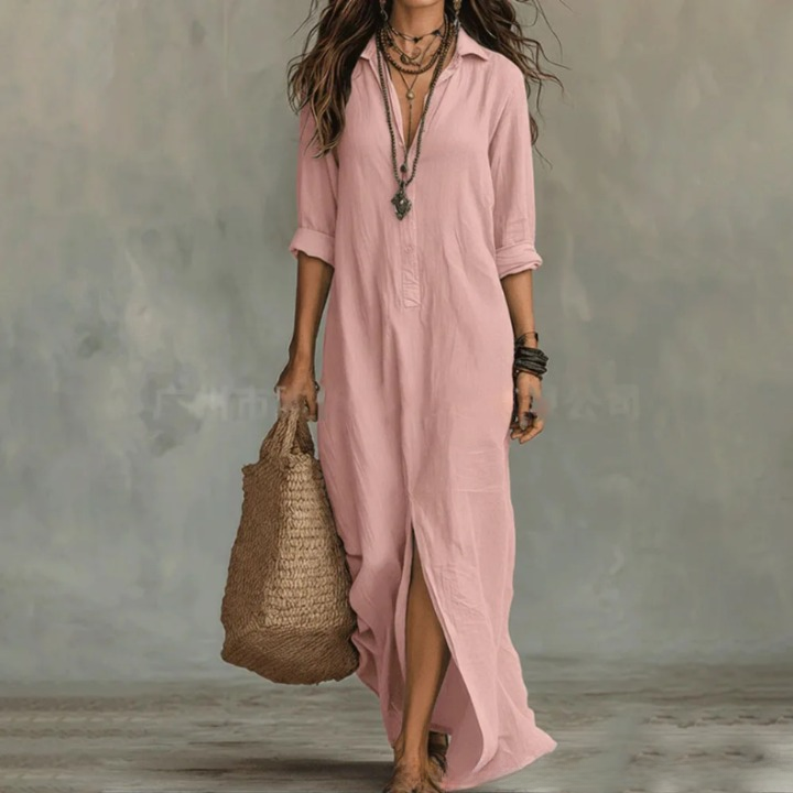 Damen Leinen Maxi Abendkleid für Sommer in Rosa