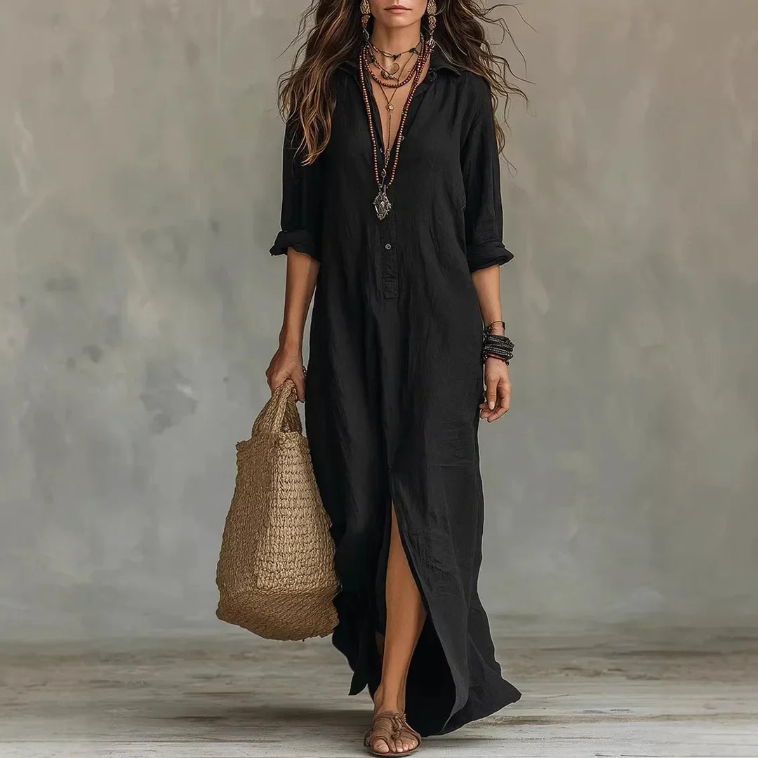 Damen Leinen Maxi Abendkleid für Sommer in Schwarz