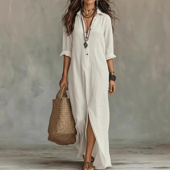 Damen Leinen Maxi Abendkleid für Sommer in Weiß