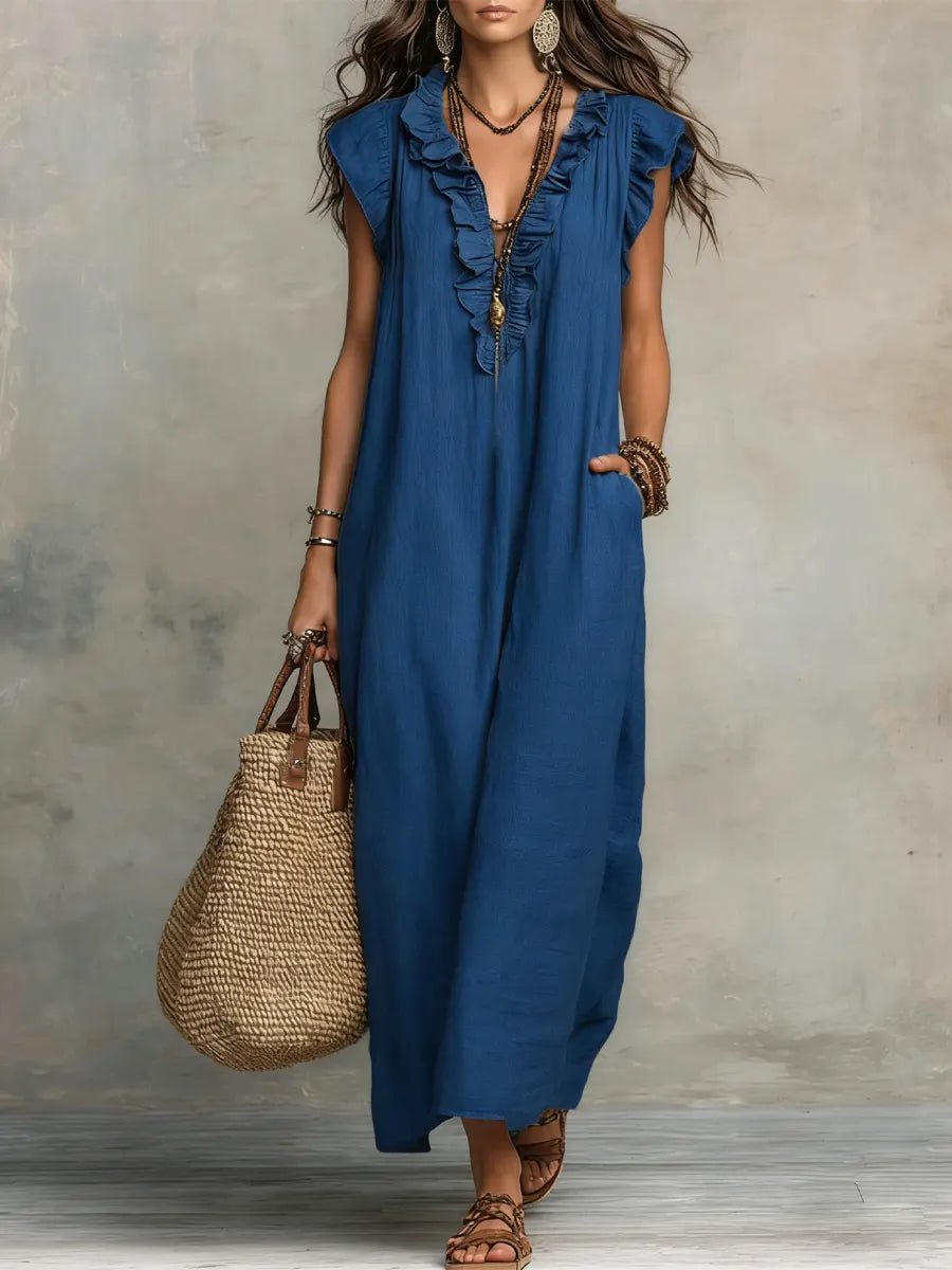 Damen Leinen Maxikleid für Hochzeitsgäste in Blau