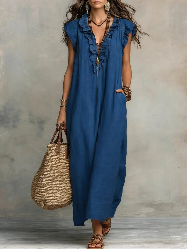 Damen Leinen Maxikleid für Hochzeitsgäste in Blau