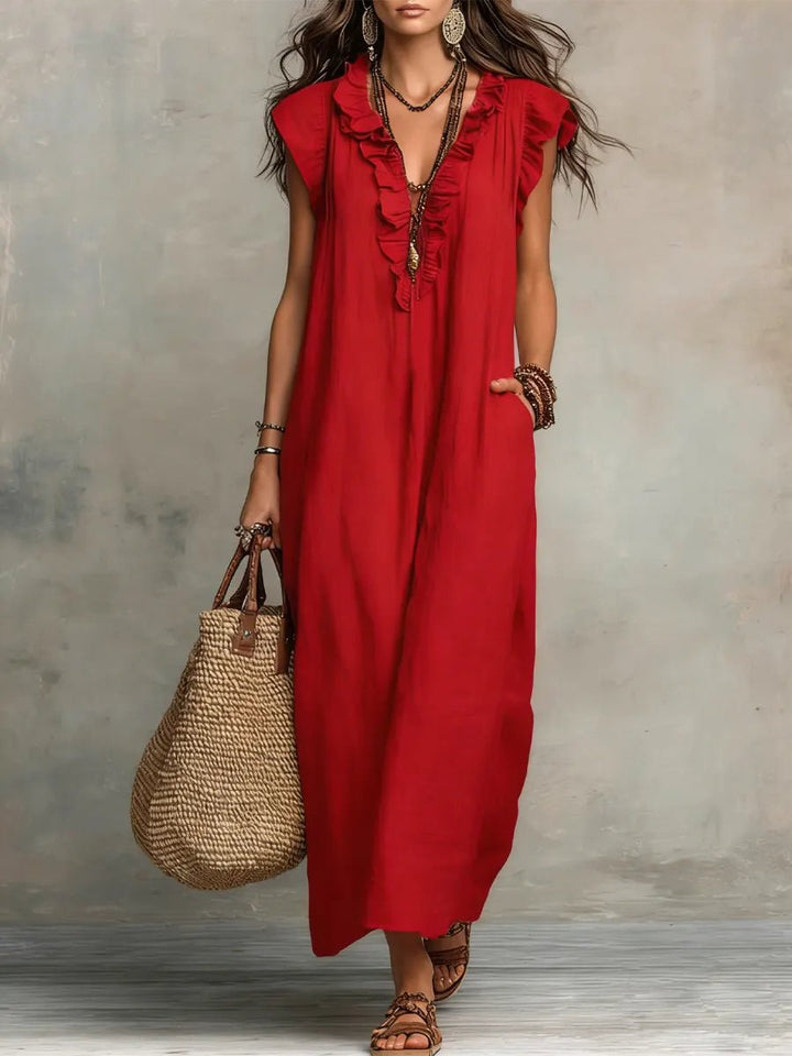 Damen Leinen Maxikleid für Hochzeitsgäste in Rot