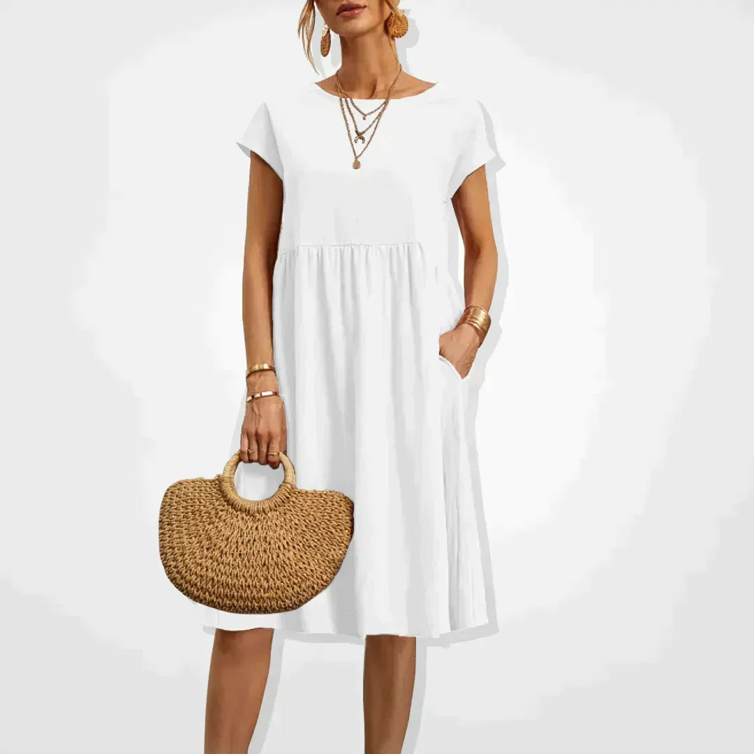 Damen Leinen Midikleid für Hochzeitsgäste im Sommer in Weiß