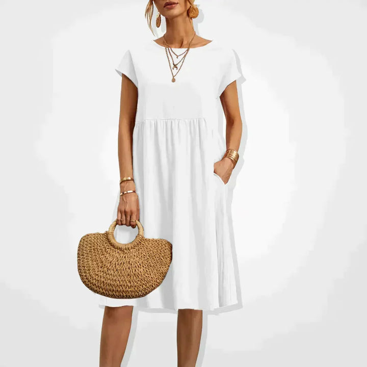 Damen Leinen Midikleid für Hochzeitsgäste im Sommer in Weiß