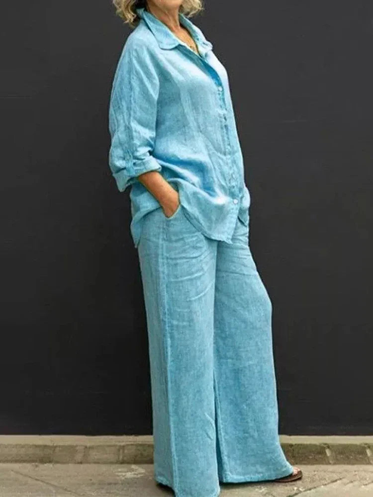 Damen Leinen Set im Vintage-Stil in See blau