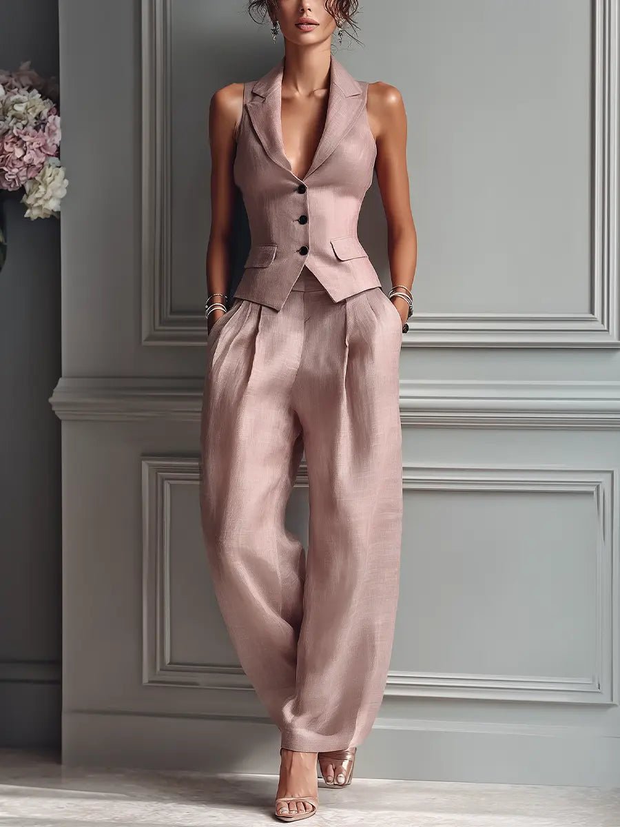 Damen Leinen Set mit Weithose in Blush Pink