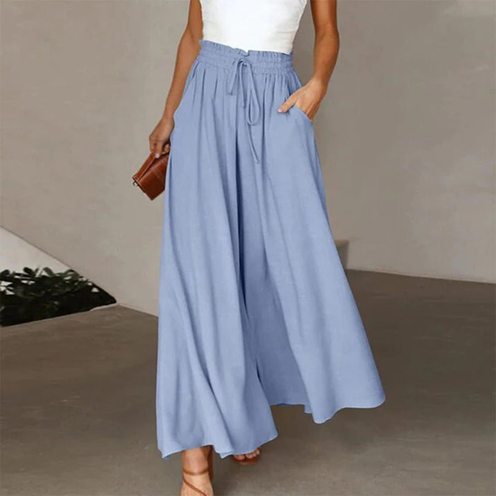 Damen Leinenhose mit weitem Bein und Hochbund in Blau