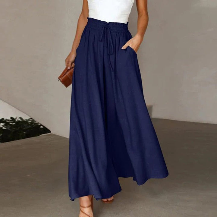 Damen Leinenhose mit weitem Bein und Hochbund in Dunkelblau