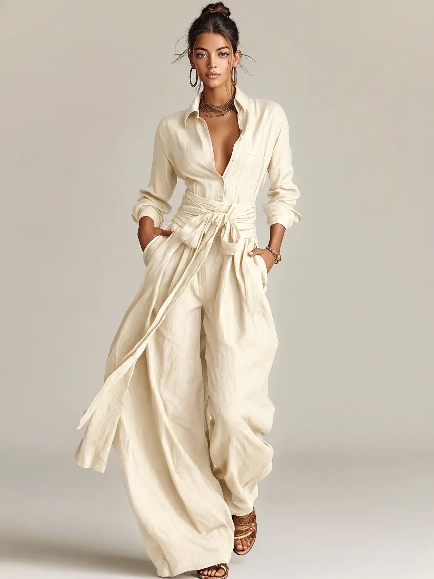 Damen Linen Langarm Hemdkragen Gürtel in Weiß