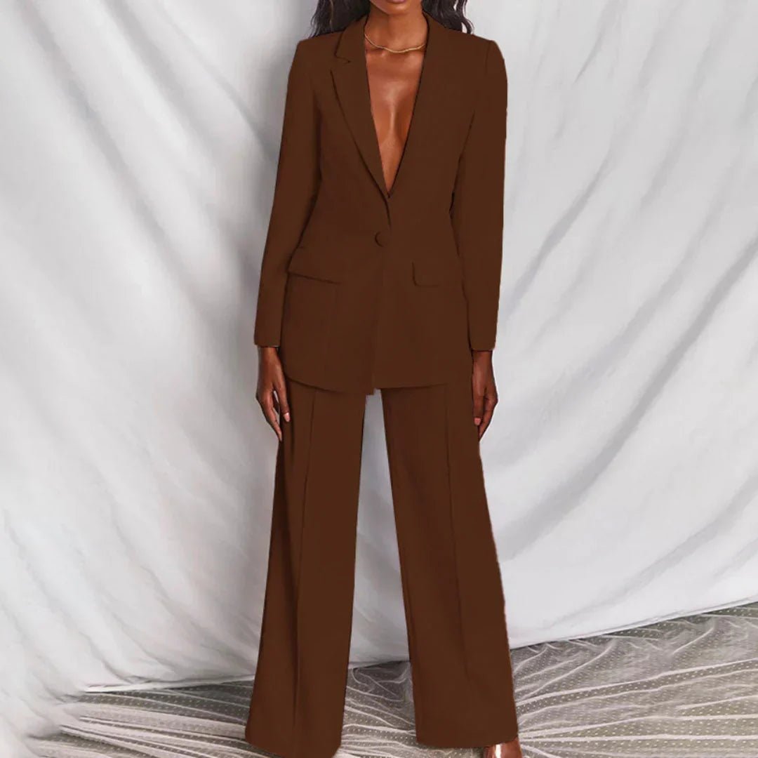 Damen Longline Blazer Set mit Weitbeinhose in Braun