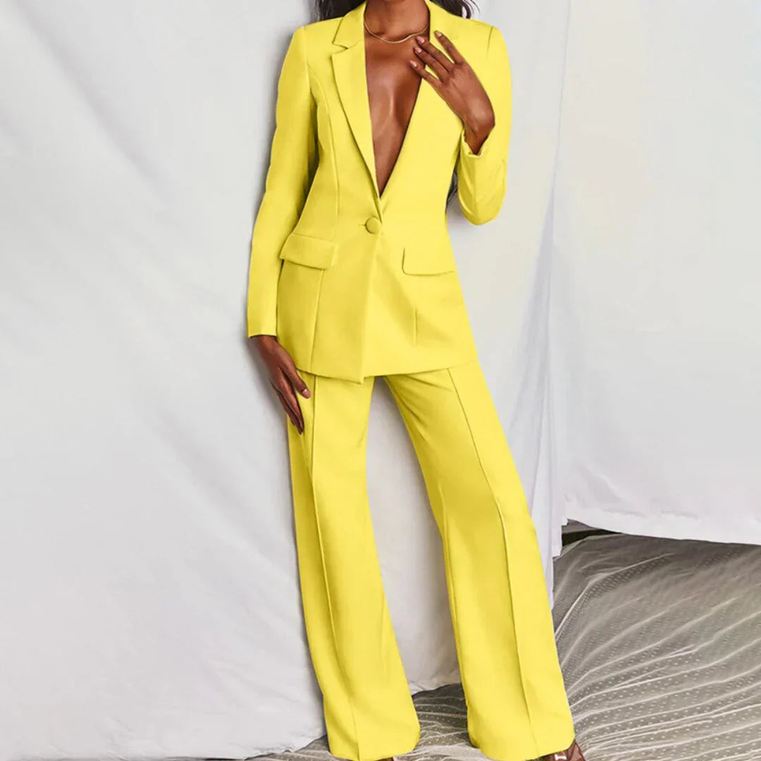 Damen Longline Blazer Set mit Weitbeinhose in Gelb