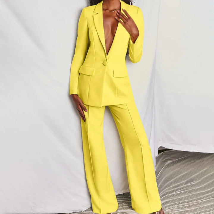 Damen Longline Blazer Set mit Weitbeinhose in Gelb