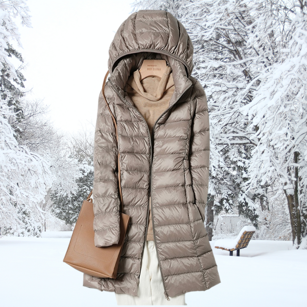 Damen Longline Nylon-Pufferjacke mit Kapuze in Beige