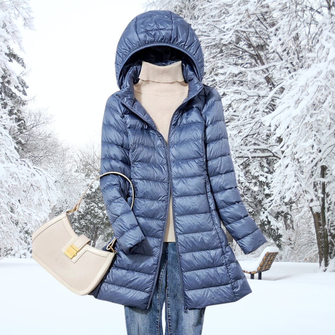 Damen Longline Nylon-Pufferjacke mit Kapuze in Blau