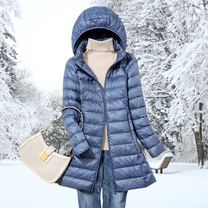 Damen Longline Nylon-Pufferjacke mit Kapuze in Blau